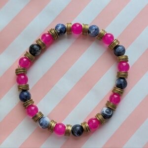 Elegant Blue Sodalite Natural Stone Beaded Stretch Bracelet With Pink Accents